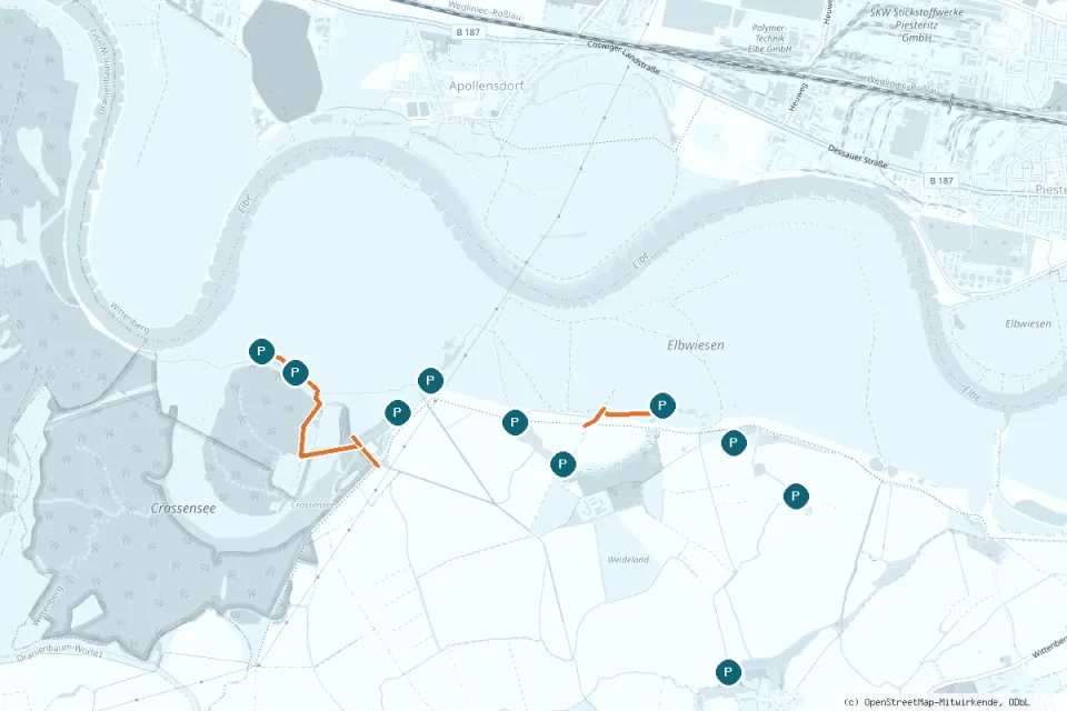 Karte Apollensdorf – Bodemar: freigegebene Zufahrtswege (orange) und Parkplätze (P)