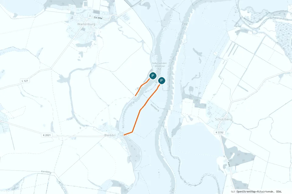 Karte Bleddin: freigegebene Zufahrtswege (orange) und Parkplätze (P)