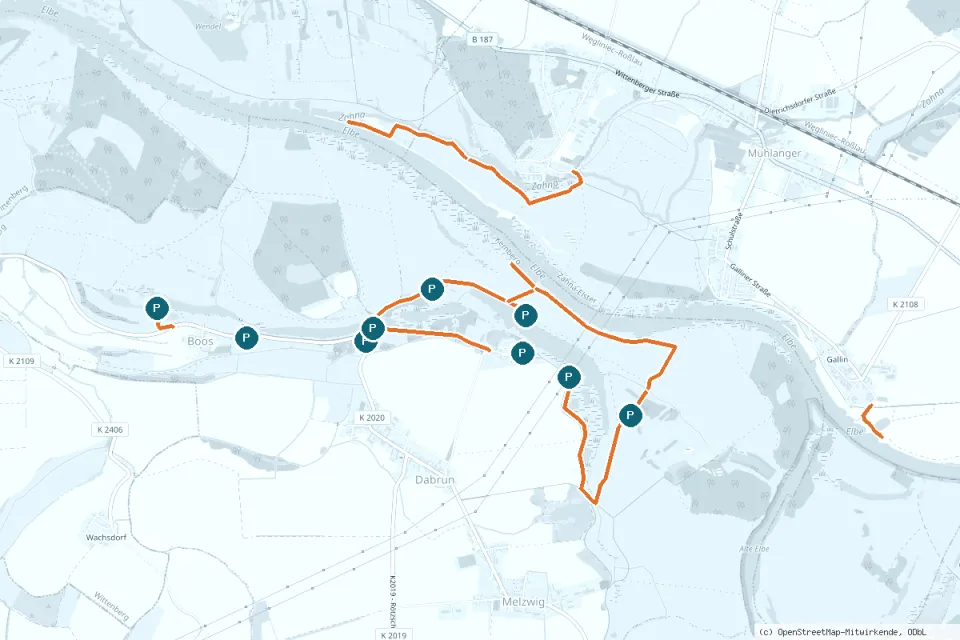 Karte Dabrun / Melzwig / Hohndorf – Großer Riß: freigegebene Zufahrtswege (orange) und Parkplätze (P)