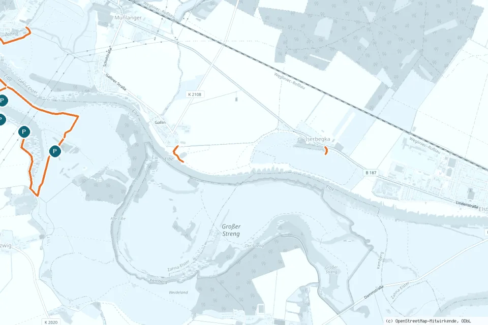 Karte Gallin / Iserbegka: freigegebene Zufahrtswege (orange) und Parkplätze (P)