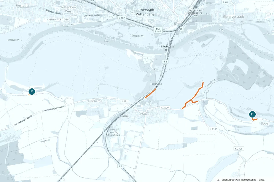 Karte Pratau: freigegebene Zufahrtswege (orange) und Parkplätze (P)